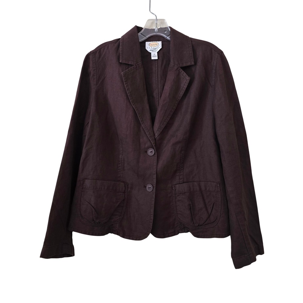 Talbots Petites Brown Linen Cotton Blend Blazer Jacket Size 16P Herringbone